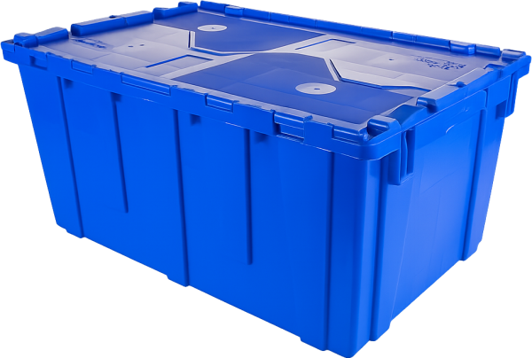 Blue plastic moving tote with lid